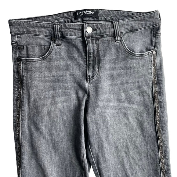 Liverpool Crop Straight Jean Ankle denim Gray Size 10 Bling Side Stripe Fray hem - Picture 2 of 9